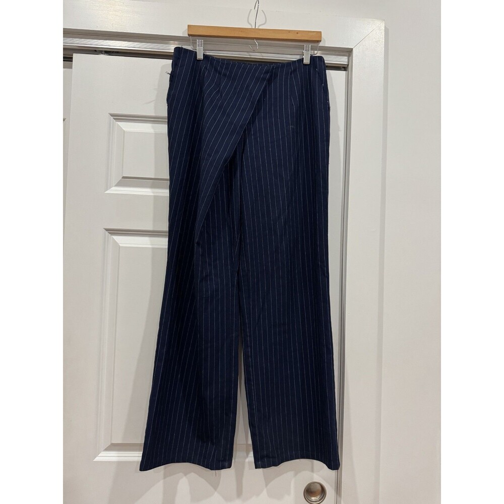 Saemdi Womens Navy L Pinstripe Overlapping Twill Free People Wide Leg Pants